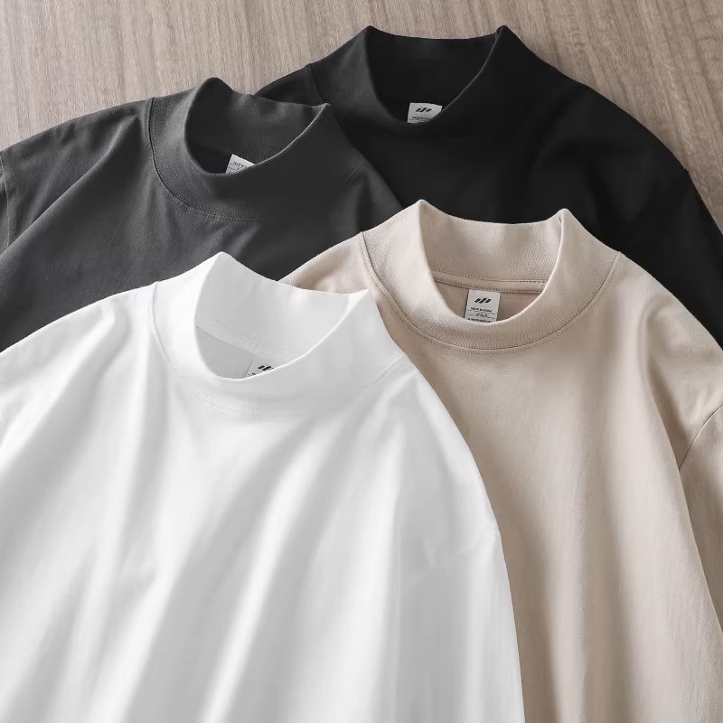 Áo sơ mi cổ cao nửa cổ hạng nặng 270G dành cho nam, áo nỉ màu trơn phong cách đường phố cao cấp của Mỹ mùa thu đông, áo thun dài tay mặc bên trong bằng cotton nguyên chất.