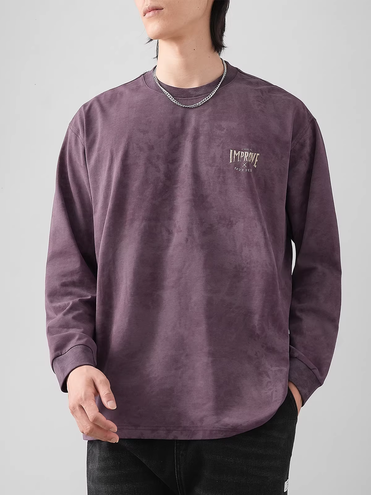 Áo thun tie-dye nam 270G, tay dài, mẫu mới thu đông 2024, thương hiệu thời thượng, kiểu dáng rộng cổ tròn, áo thun basic vintage