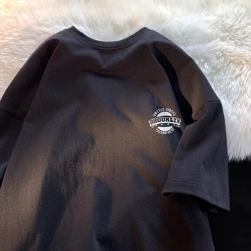 Giảm giá đặc biệt~ Hàng xuất khẩu dư thừa, hàng giảm giá, áo thun ngắn tay in hình cotton nguyên chất đơn giản mới dành cho cặp đôi nam nữ.
