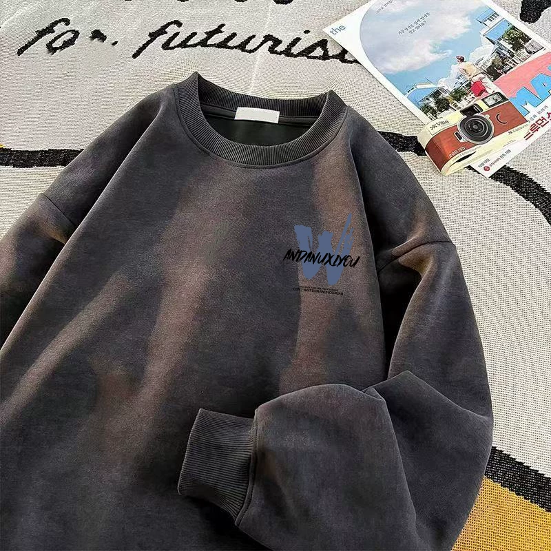 Áo nỉ cổ tròn rộng rãi, dày dặn, ấm áp, kiểu dáng Mỹ, chất liệu fleece lót lông, họa tiết tie-dye, hàng xuất khẩu, giá rẻ, mùa thu đông.