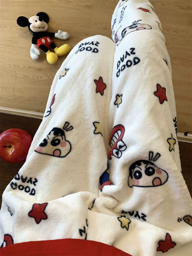 Outlet~ Quần ngủ Crayon Shin-chan dành cho nữ, quần dài cho mùa thu đông, quần mặc nhà bằng vải nỉ san hô ấm áp, quần mặc nhà thông thường