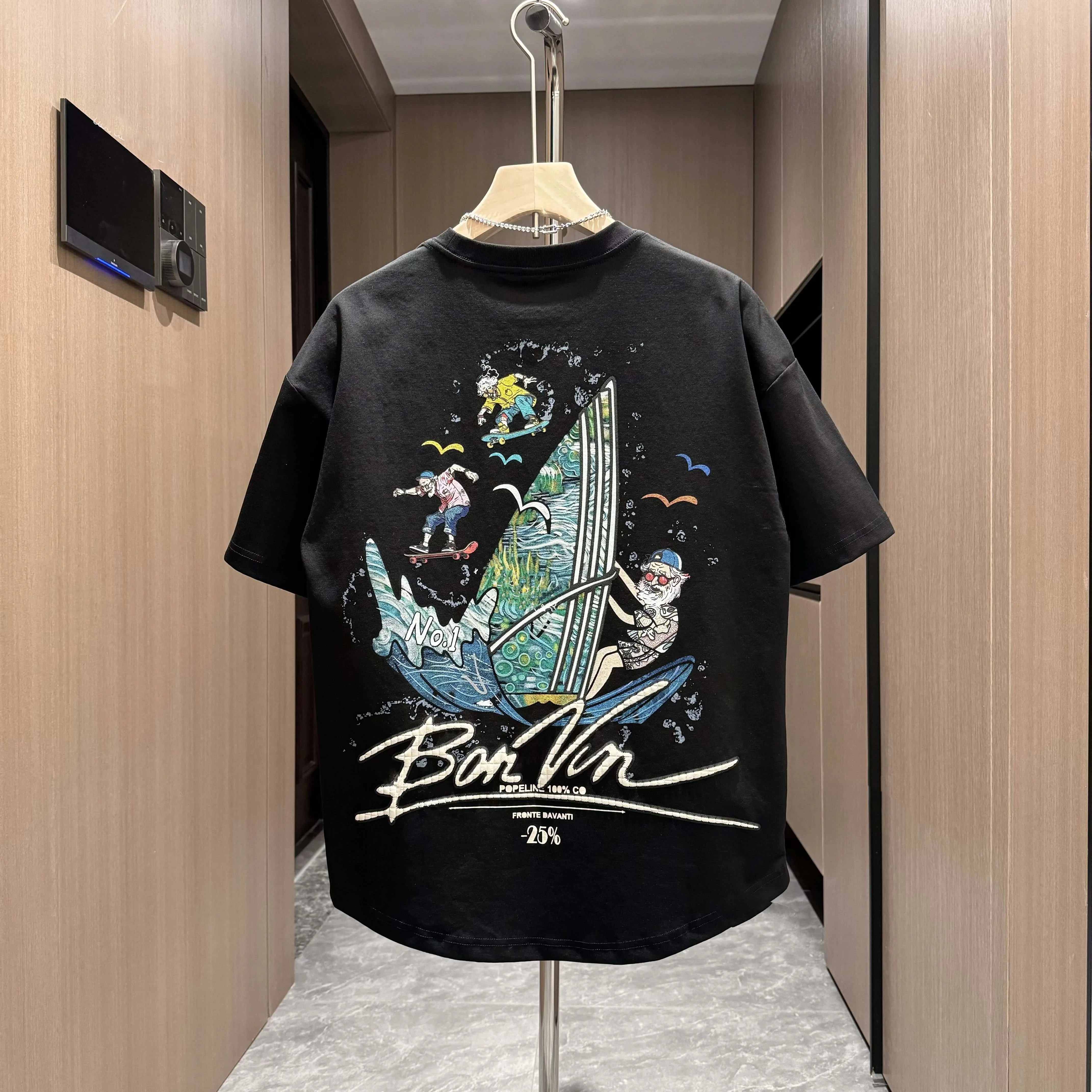 Giảm giá đặc biệt~ Hàng xuất khẩu dư thừa, thời trang mới giảm giá, áo thun cotton in họa tiết dáng rộng đa năng, tay ngắn
