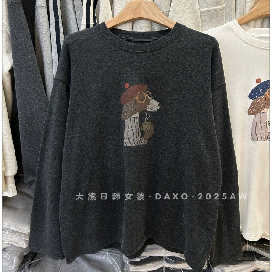 Outlet~ Áo thun thương hiệu ngoại thương kiểu Hàn Quốc, phong cách thu đông mới, chất liệu nhung giữ nhiệt, cổ tròn, tay dài, thời trang