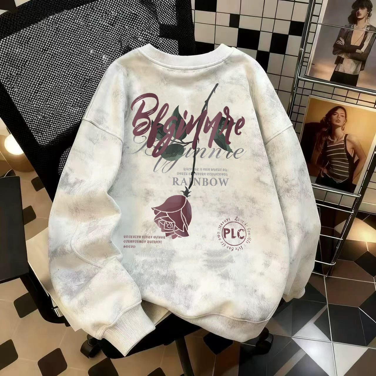 Áo thun nỉ cổ tròn dáng rộng phong cách Trung Quốc mới, in tie-dye, lót lông cừu, mùa thu đông, hàng xuất khẩu, giá rẻ