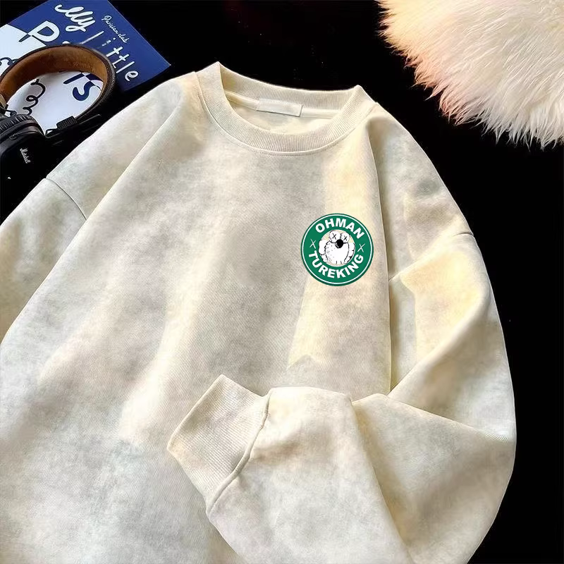 Áo thun nỉ cổ tròn dáng rộng, họa tiết tie-dye, có lớp lót lông cừu giữ ấm, thích hợp làm lớp áo lót, xuất khẩu từ thương hiệu Outlet~.