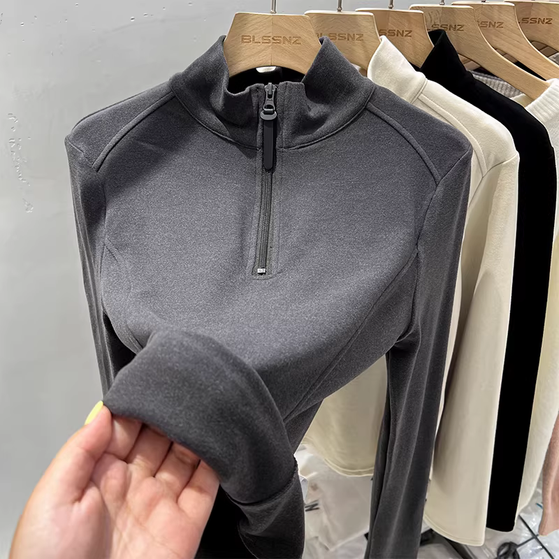 Áo thun giữ nhiệt cổ đứng mùa thu đông nữ, hàng xuất khẩu, giá rẻ, có khóa kéo