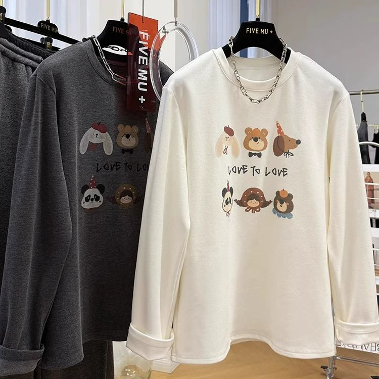 Outlet~ Áo thun dài tay nhung dày dặn xuất khẩu thương hiệu Đức, họa tiết hoạt hình dành cho nữ, áo ấm mùa thu đông