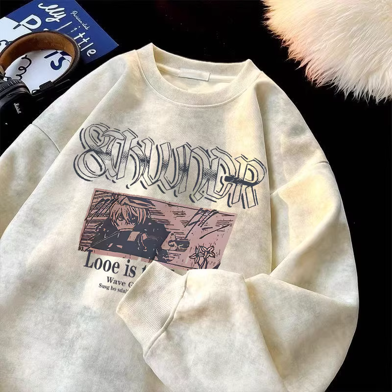 Áo thun nỉ cổ tròn dáng rộng phong cách retro Mỹ, họa tiết tie-dye, xuất khẩu, hàng hiệu, giá rẻ, mùa thu đông