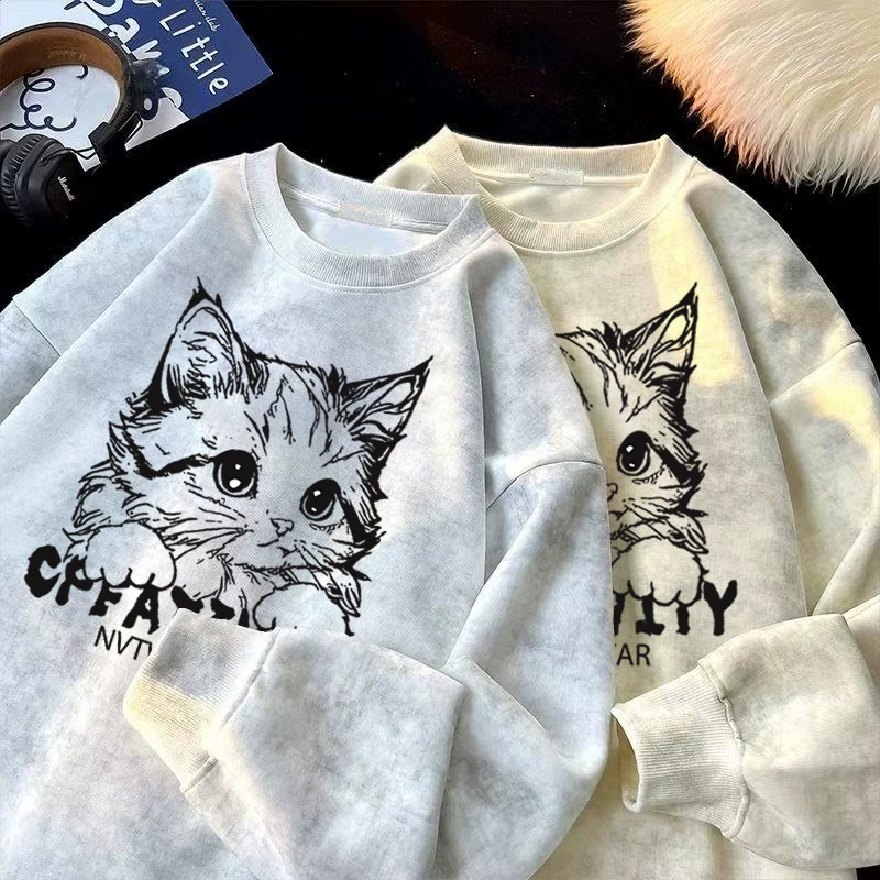 Áo nỉ cổ tròn rộng rãi, dày dặn, ấm áp, kiểu dáng Mỹ, chất liệu fleece lót lông, in tie-dye, hàng xuất khẩu, giá rẻ, mùa thu đông