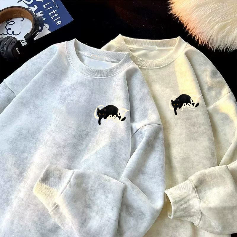Áo thun nỉ lót lông dày phong cách Mỹ đơn giản, kiểu nhuộm tie-dye, mùa thu đông, hàng xuất khẩu, giá rẻ