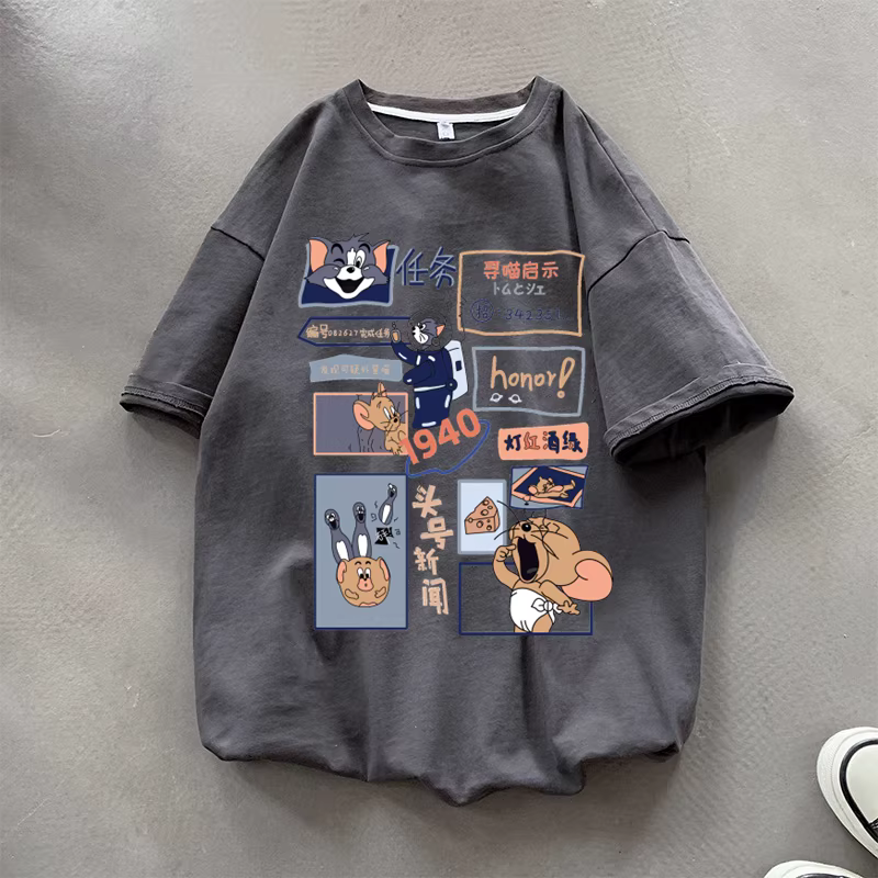 Hàng xuất dư thanh lý~ Áo thun ngắn tay in hình thương hiệu thời trang hoạt hình mùa hè chất liệu cotton dày dặn