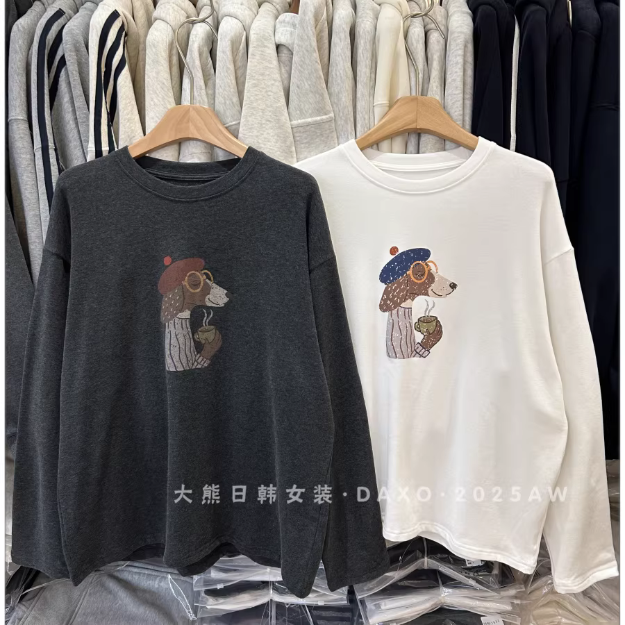 Outlet~ Áo thun thương hiệu ngoại thương kiểu Hàn Quốc, phong cách thu đông mới, chất liệu nhung giữ nhiệt, cổ tròn, tay dài, thời trang