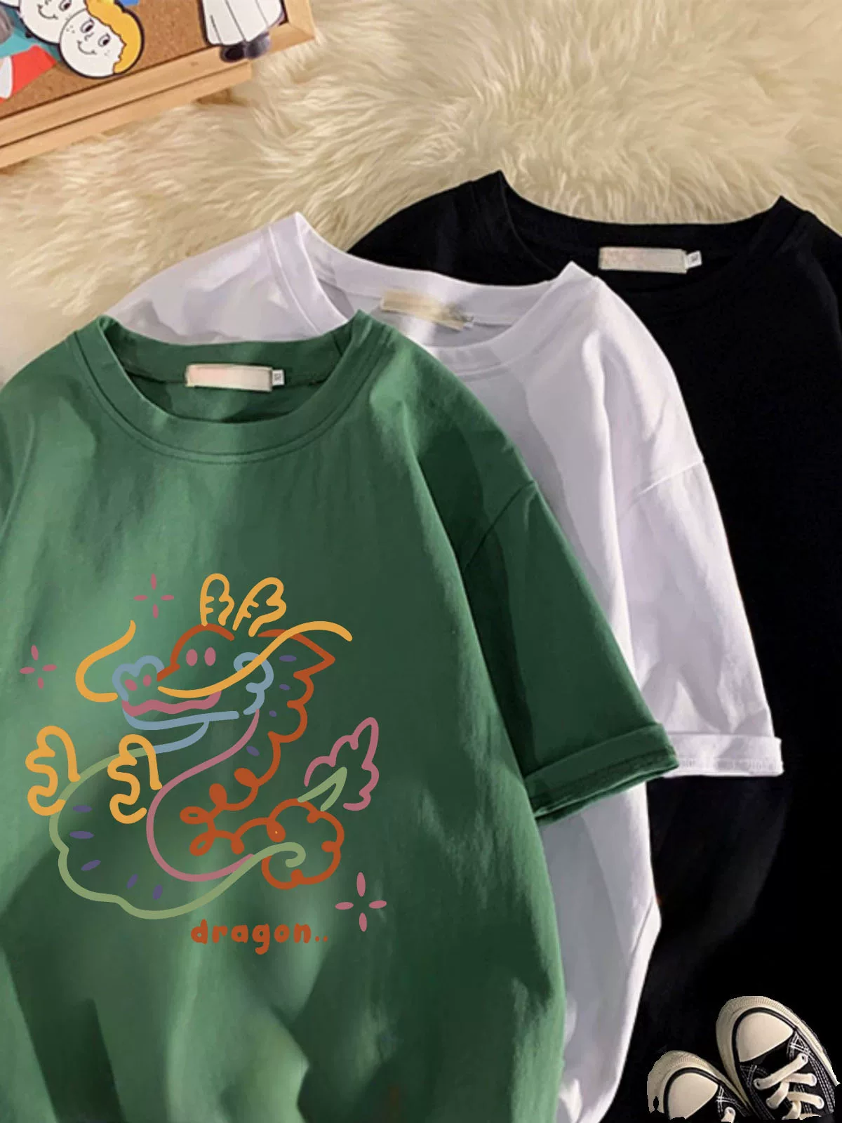 Xả kho hàng xuất khẩu dư thừa ~ Áo thun tay ngắn chất liệu cotton nguyên chất, kiểu dáng rộng rãi, unisex, đa năng, mẫu mới thời thượng 2024