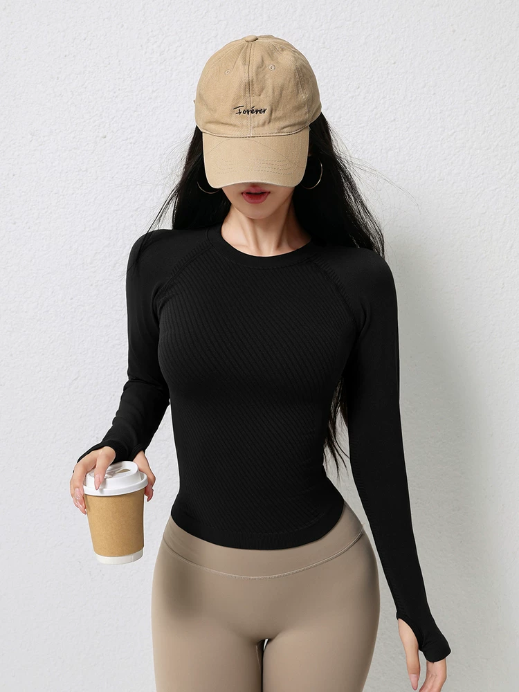 Jiumai Yipin trang phục tập yoga mùa thu đông dài tay nhanh khô bó sát giảm béo tập Pilates cổ tròn chạy bộ thể thao