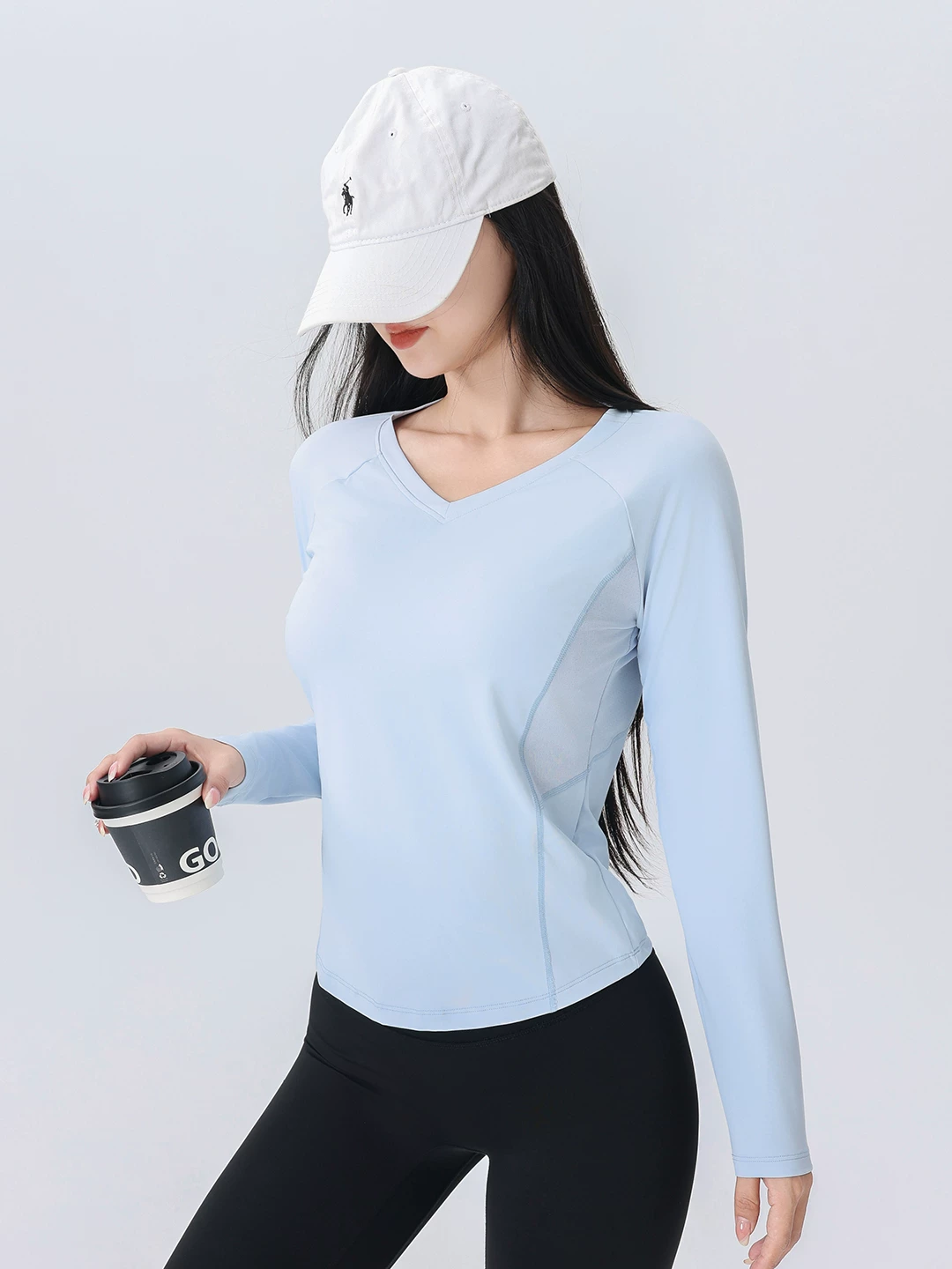 Áo thun thể thao nữ tay dài phối lưới cổ chữ V, chất liệu nhanh khô, mẫu mới thu 2026, dùng cho tập luyện chạy bộ