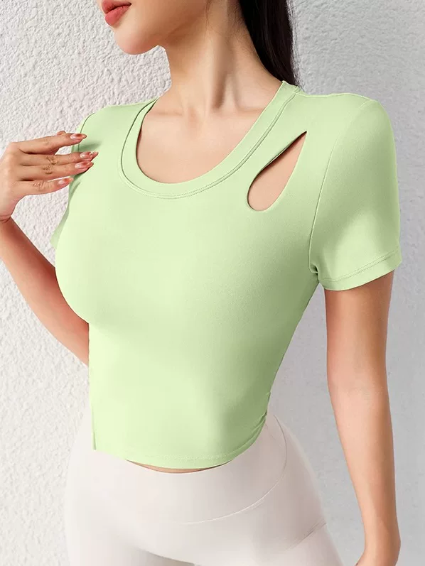Áo tập yoga ngắn tay, quần áo tập thể dục mùa hè gợi cảm bó sát, nhanh khô, có đệm ngực, áo thun thể thao chạy bộ