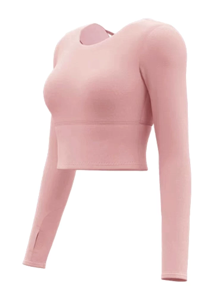 Áo tập yoga dài tay hở lưng Jiumai Yipin dành cho nữ, nhanh khô với miếng đệm ngực tích hợp, trang phục tập thể dục Pilates.