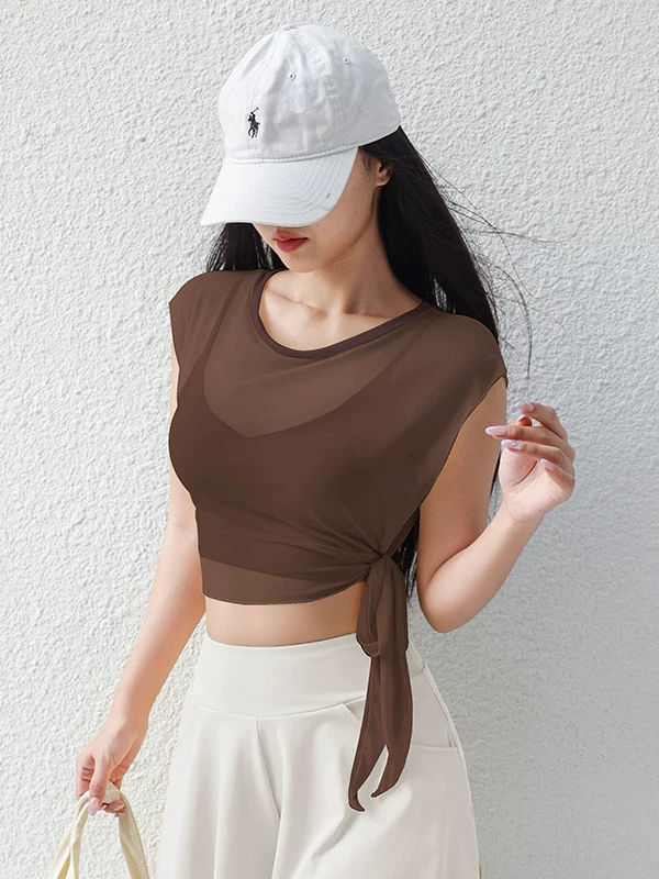 Bộ đồ tập yoga hai mảnh kiểu mới 2026, áo ngắn tay nữ, áo lưới liền thân thể thao, nhanh khô, áo khoác thể thao mùa hè