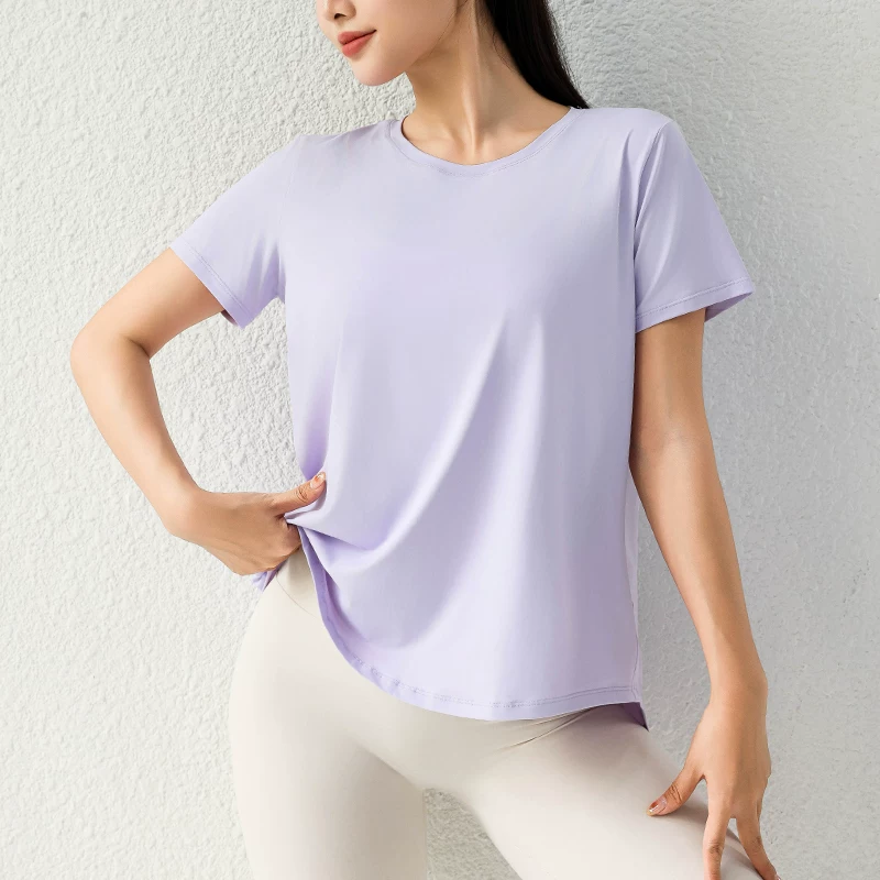 Áo thể thao, áo thun ngắn tay dành cho nữ, nhanh khô, rộng rãi, thoáng khí, chất liệu lụa băng, cảm giác mát lạnh, chống nắng, có khe hở phía sau, áo thun tập thể dục, chạy bộ, yoga