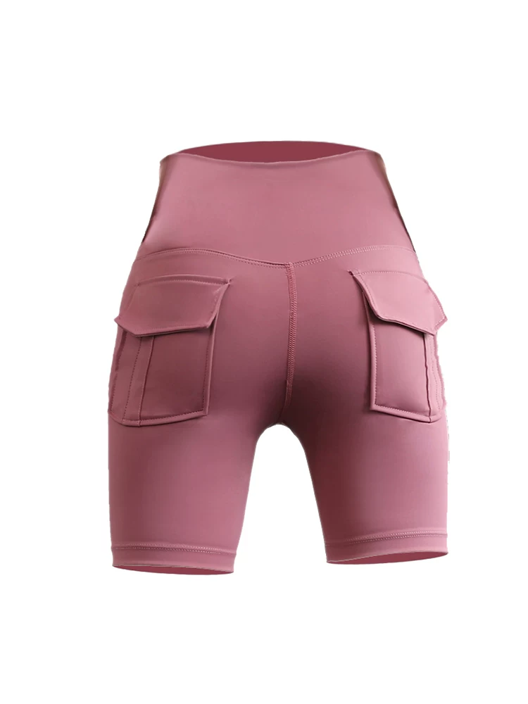 Quần short tập thể dục nữ có túi, cạp cao, nâng mông, dài bốn điểm, mông đào, co giãn, nhanh khô, quần yoga thể thao ngoài trời.