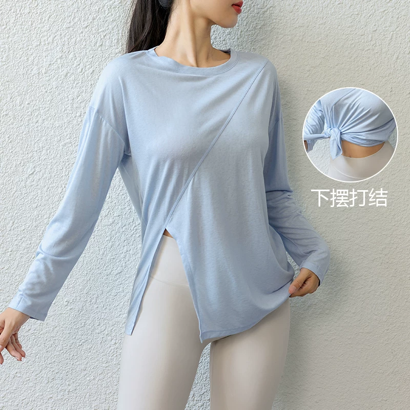 Áo tập yoga Pilates dáng rộng mùa xuân thu, áo thể thao dài tay dành cho nữ, áo thun có dây nhanh khô, áo khoác chạy bộ thể dục