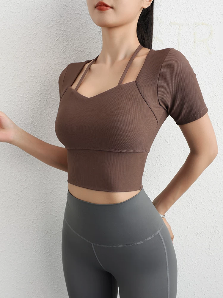 Áo tập yoga có đệm ngực, áo vest thể thao mùa hè, bó sát, hở rốn, áo thun tập chạy bộ buổi sáng, áo tập gym ngắn tay dành cho nữ
