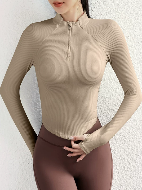 Quần áo tập yoga cho nữ, áo thể thao cổ đứng mùa thu đông, áo khoác dài tay ôm sát nửa khóa kéo, quần áo tập thể dục chạy bộ