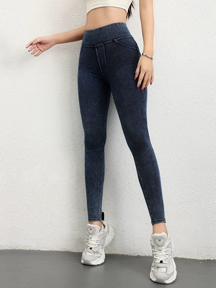 Quần tập thể dục giả denim Jiumai Yipin dành cho nữ, cạp cao, nâng mông, kiểm soát bụng, chạy bộ, ôm sát, co giãn cao, quần yoga mặc ngoài dành cho nữ.