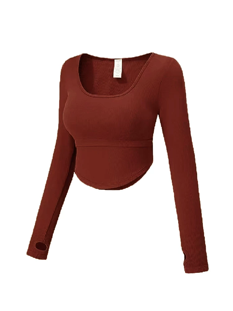 Áo thể thao dài tay cổ chữ U dành cho nữ, có đệm ngực, đồ tập yoga bó sát chống sốc, đồ tập Pilates