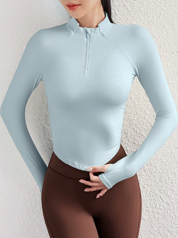 Quần áo tập yoga cho nữ, áo thể thao cổ đứng mùa thu đông, áo khoác dài tay ôm sát nửa khóa kéo, quần áo tập thể dục chạy bộ