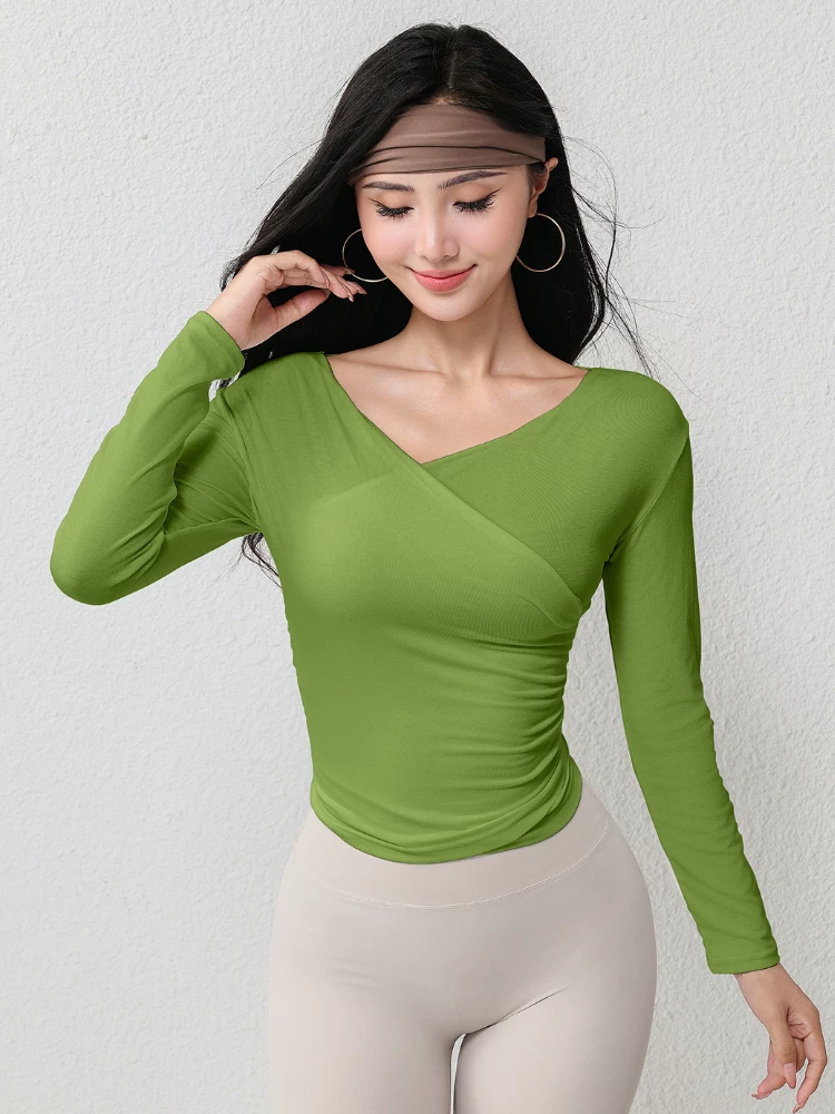 Áo thể thao Jiumai Yipin dành cho nữ, trang phục tập yoga cổ chữ V, trang phục chạy bộ bên trong, trang phục tập thể dục dài tay, ôm sát, phong cách thu đông.