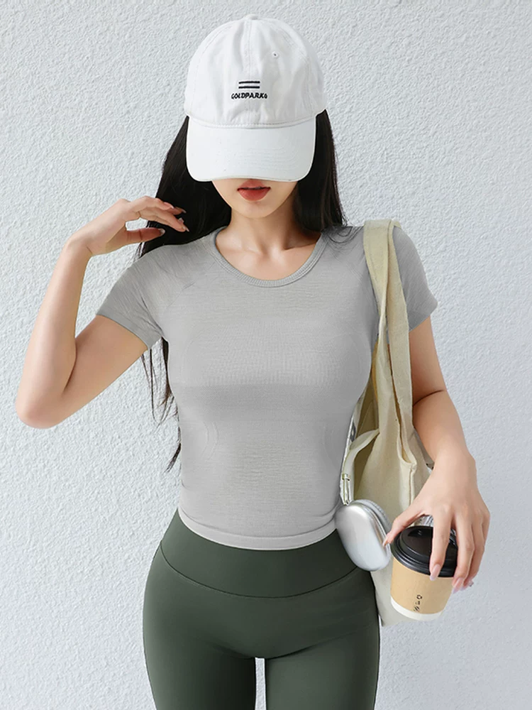 Áo tập thể dục cho nữ, tay ngắn, ôm sát, thể thao chạy bộ, áo phông nhanh khô, quần áo tập yoga Pilates cao cấp, mùa hè