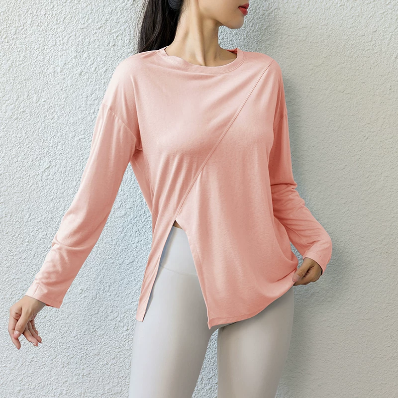Áo tập yoga Pilates dáng rộng mùa xuân thu, áo thể thao dài tay dành cho nữ, áo thun có dây nhanh khô, áo khoác chạy bộ thể dục
