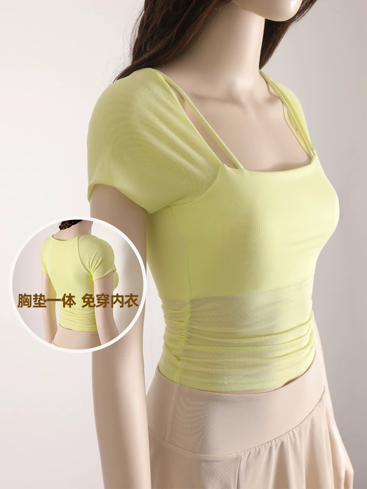 Quần áo tập Pilates thanh lịch cao cấp, quần áo tập yoga cho nữ, mùa hè có đệm ngực, áo thun ngắn tay chống sốc, áo thể thao