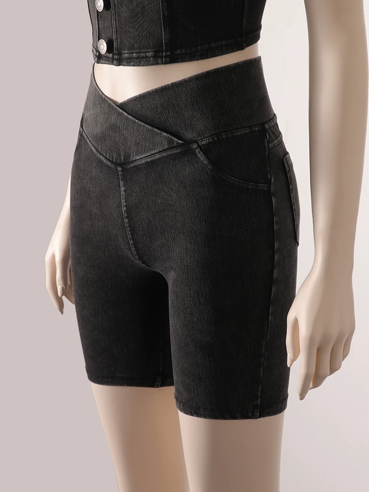 Quần short denim cạp cao cho nữ, kiểu dáng mỏng mùa hè, mẫu mới 2026, ôm dáng, co giãn, tôn dáng, có túi, quần short đạp xe năm điểm.