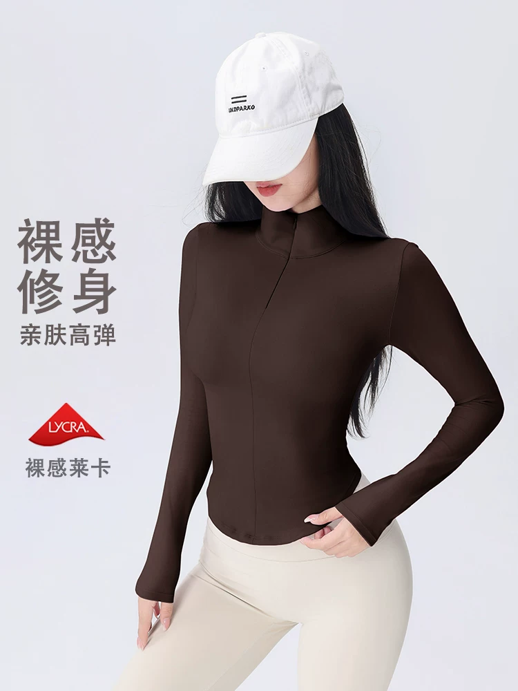 Áo thun thể thao dài tay Jiumai Yipin dành cho nữ nửa khóa kéo bó sát thể thao chạy xe đạp Pilates yoga hàng đầu mùa thu