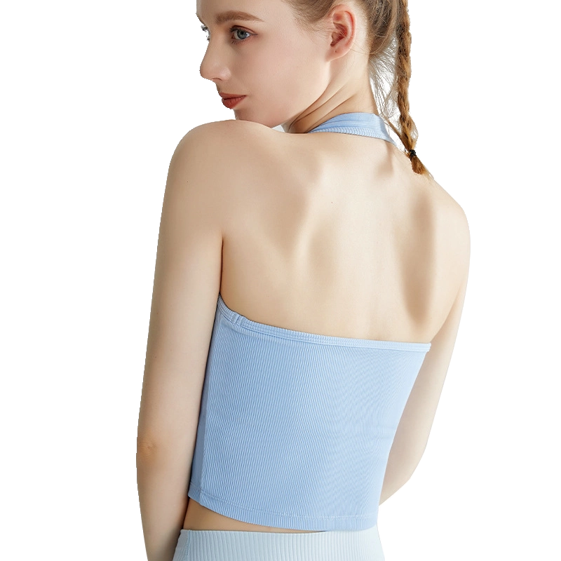 Áo tập yoga cổ halter đa năng có đệm ngực, kiểu dáng dài, chống sốc cường độ trung bình, có gân, kháng khuẩn, áo ngực thể thao dành cho nữ.