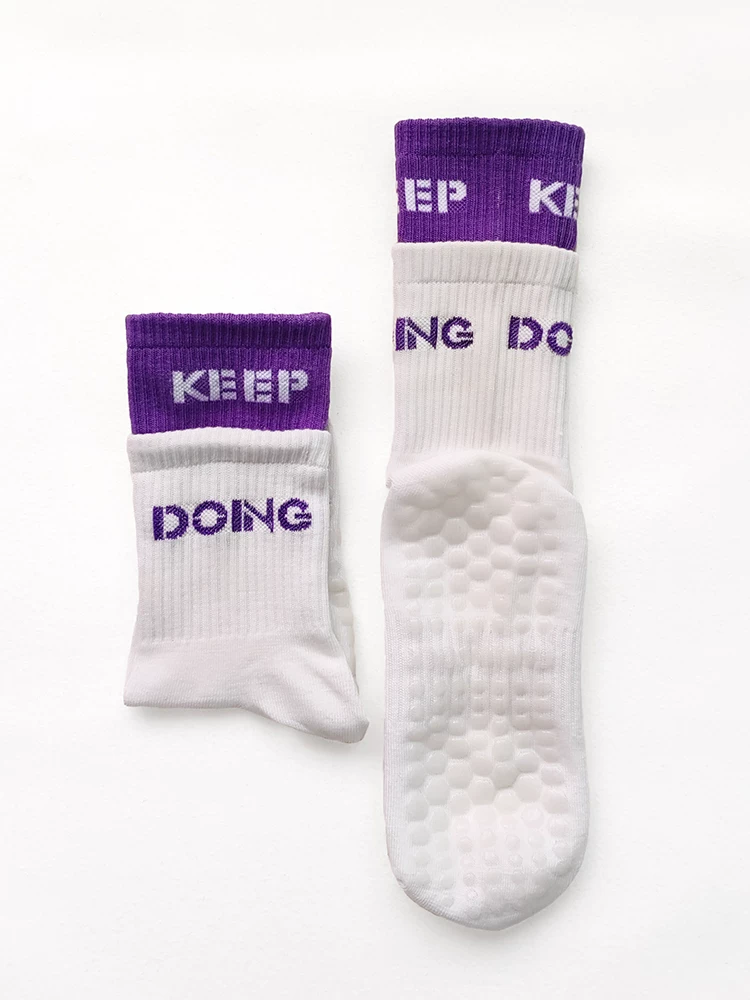 Tất thể thao chống trượt bằng silicon dành cho nữ, tập yoga, chạy bộ, tất tập Pilates chuyên nghiệp dài đến giữa bắp chân, tất tập thể dục bằng cotton màu trơn