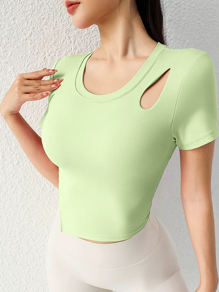 Áo tập yoga có đệm ngực, tay ngắn, khoét lỗ, ôm sát, giảm béo, chạy bộ, thể thao, Pilates, áo khoác ngoài, trang phục thể dục dành cho nữ