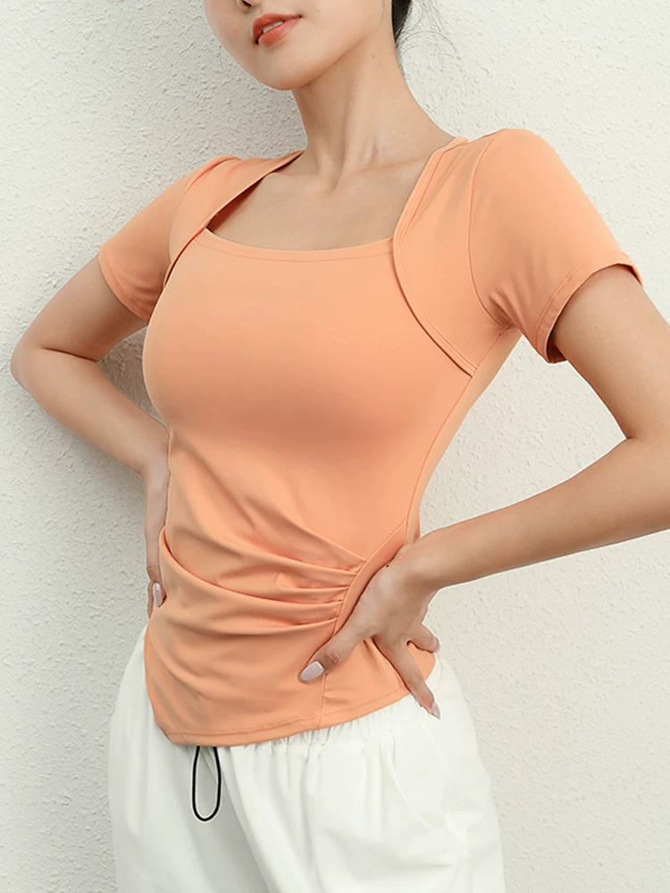 Áo tập yoga cổ vuông ôm eo dành cho nữ, áo thun thể thao ngắn tay nhanh khô, ôm sát, thiết kế bất đối xứng, thích hợp cho mùa hè.