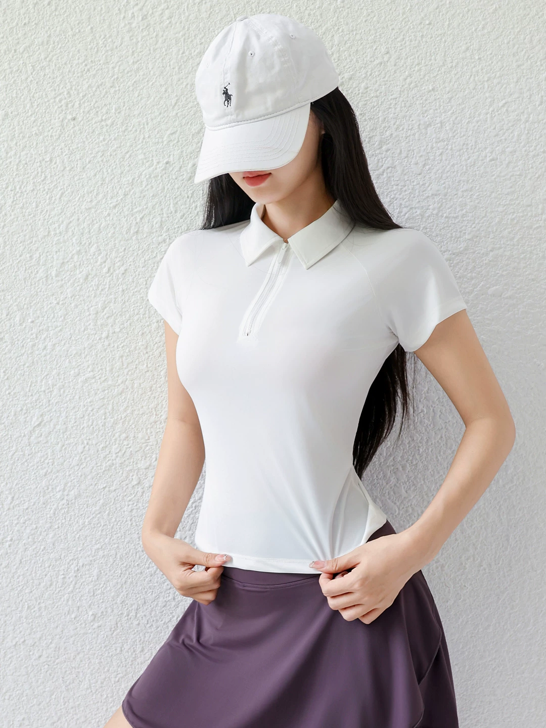 Áo thun thể thao ngắn tay cổ trắng Jiumai Yipin dành cho nữ, áo thể thao cổ polo dáng ôm mùa hè.