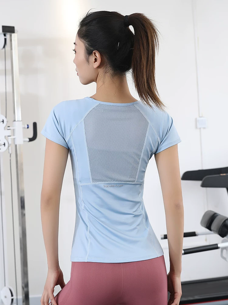 Áo thun tập yoga ngắn tay ôm sát dành cho nữ, chất liệu lưới, lưng đẹp, thích hợp tập gym, chạy bộ, tập luyện mùa hè