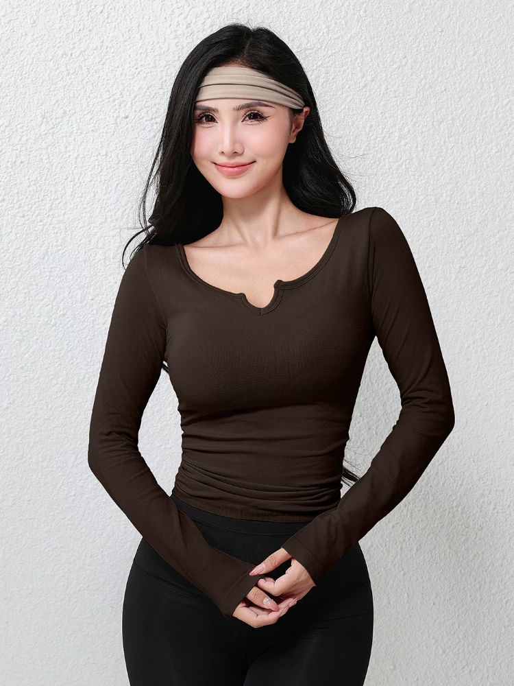 Áo thun tập yoga dài tay mới, áo thể thao chạy bộ cổ chữ V ôm sát dành cho nữ có đệm ngực