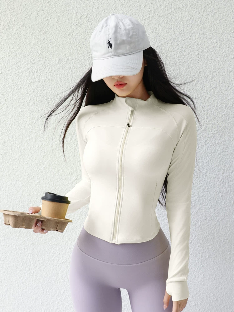Quần áo tập yoga cho nữ, dài tay, nhanh khô, chống nắng, bó sát, giảm béo, chạy bộ, tập thể dục, quần áo đạp xe, cổ đứng có khóa kéo, áo khoác thể thao, mùa hè