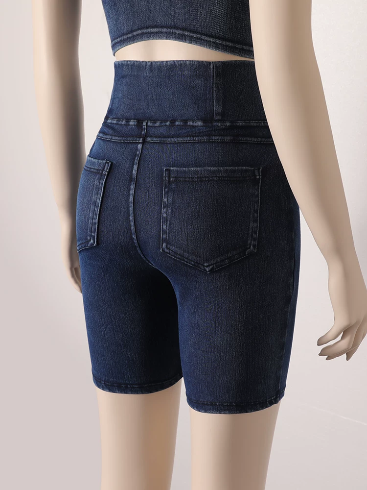 Quần short denim cạp cao cho nữ, kiểu dáng mỏng mùa hè, mẫu mới 2026, ôm dáng, co giãn, tôn dáng, có túi, quần short đạp xe năm điểm.
