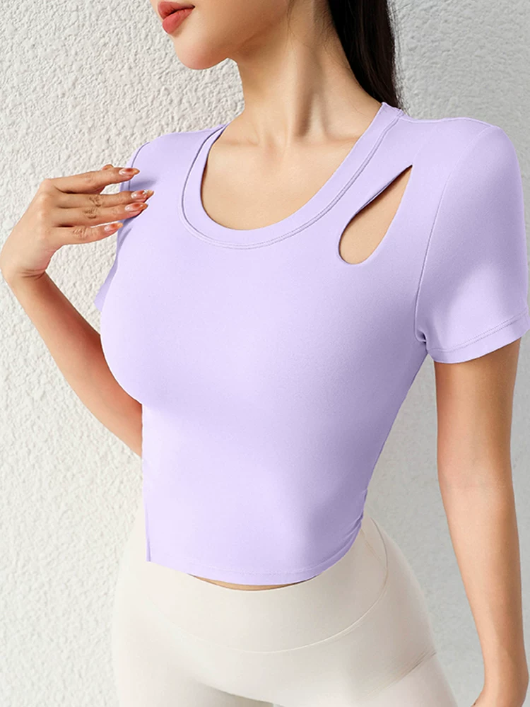 Áo tập yoga có đệm ngực, tay ngắn, khoét lỗ, ôm sát, giảm béo, chạy bộ, thể thao, Pilates, áo khoác ngoài, trang phục thể dục dành cho nữ