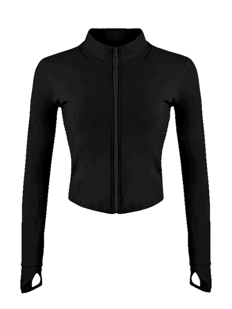 Áo khoác thể thao cổ đứng dành cho nữ, áo tập gym màu trắng ôm sát, áo yoga dài tay nhanh khô, kiểu dáng ôm sát có khóa kéo.