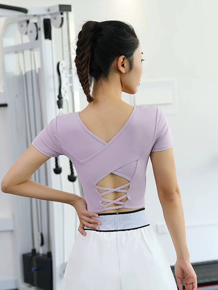 Quần áo tập yoga có đệm ngực, áo thể thao ôm sát, áo thun ngắn tay cao cấp, đồ tập thể dục Pilates cho nữ