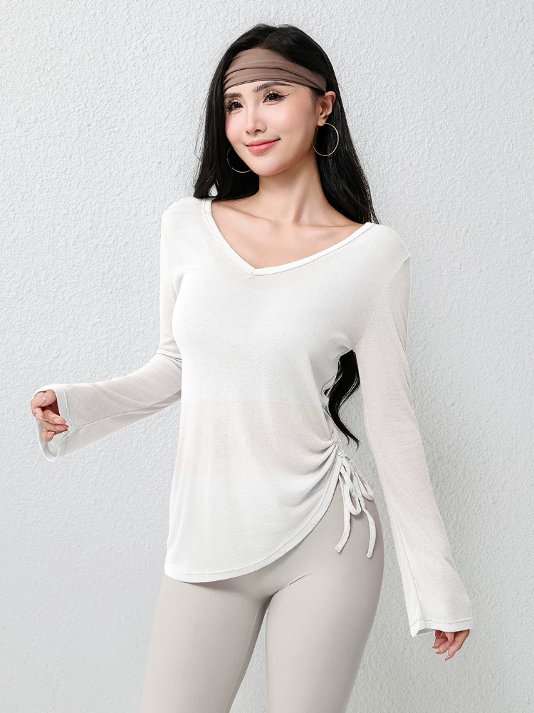 Trang phục tập yoga thông thường, áo khoác thể thao yoga, áo thun nữ dài tay che hông có dây rút xếp ly, áo rộng rãi cho mùa thu đông.