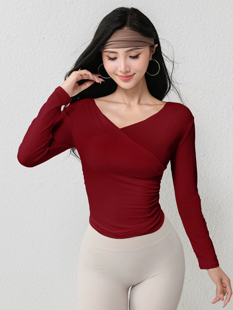 Áo thể thao Jiumai Yipin dành cho nữ, trang phục tập yoga cổ chữ V, trang phục chạy bộ bên trong, trang phục tập thể dục dài tay, ôm sát, phong cách thu đông.